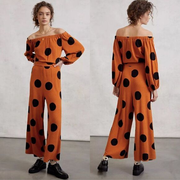 Farm Rio orange black polka dot Mirana off the shoulder flowy wide leg jumpsuit - Picture 1 of 6
